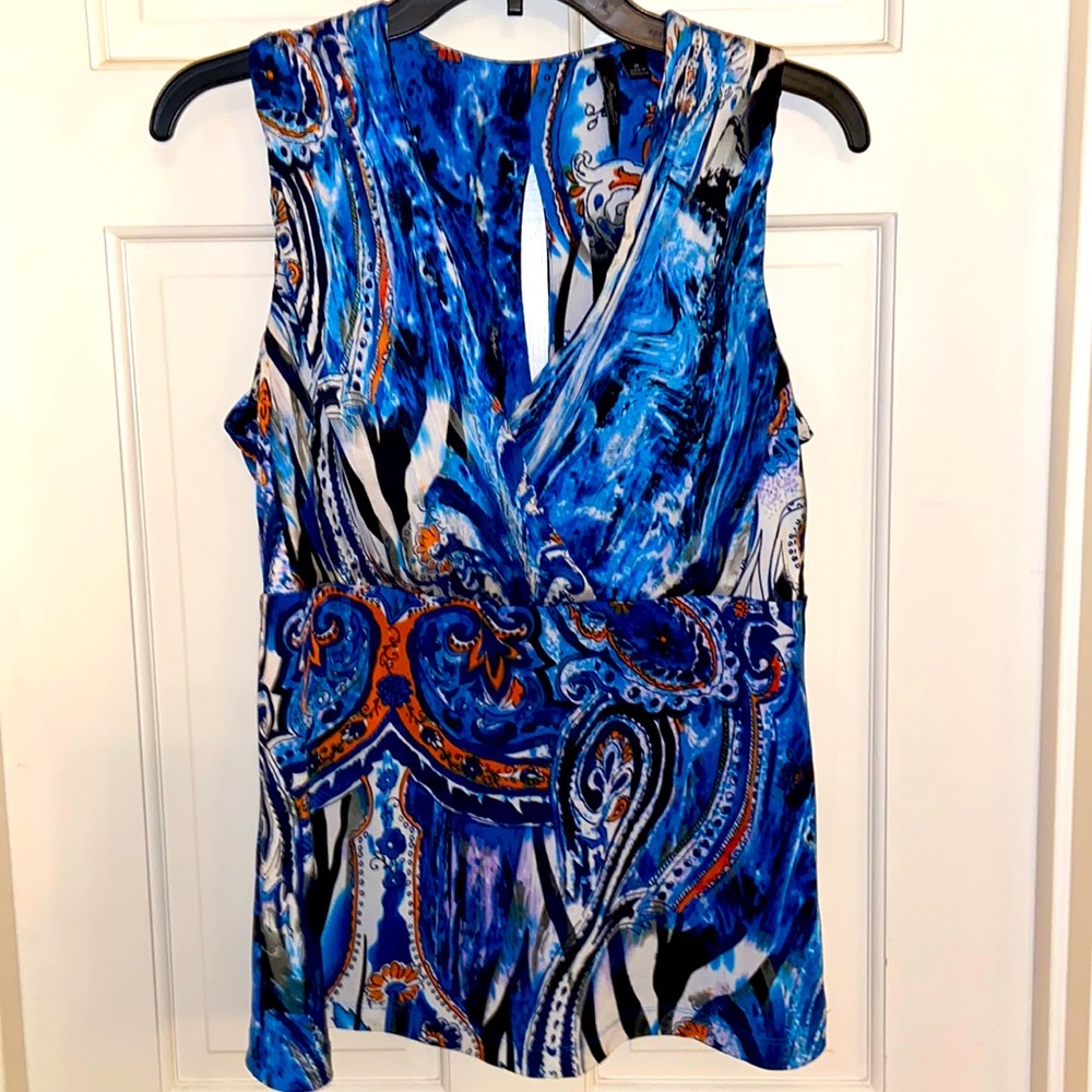 Essentials by Milano Shades of Blue Orange & White Floral Paisley Surplus Top